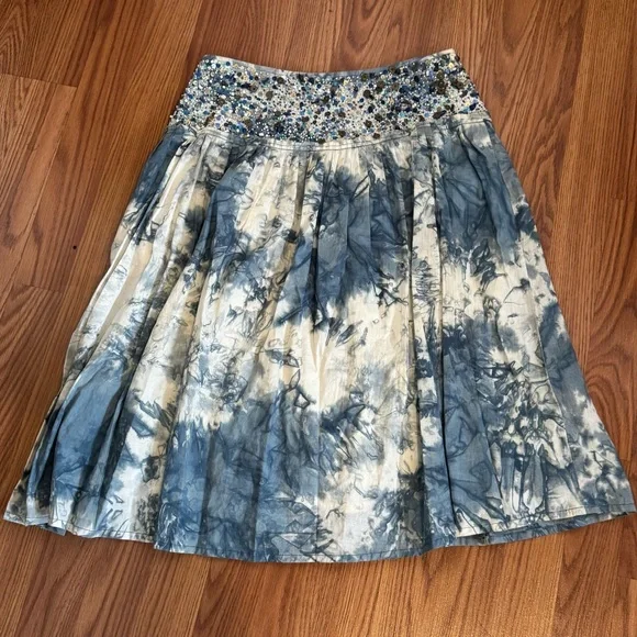 Haven Bleu Sequin Beaded Floral Stitch Embroidered Blue Floral Skirt Boho Size S - Picture 4 of 5